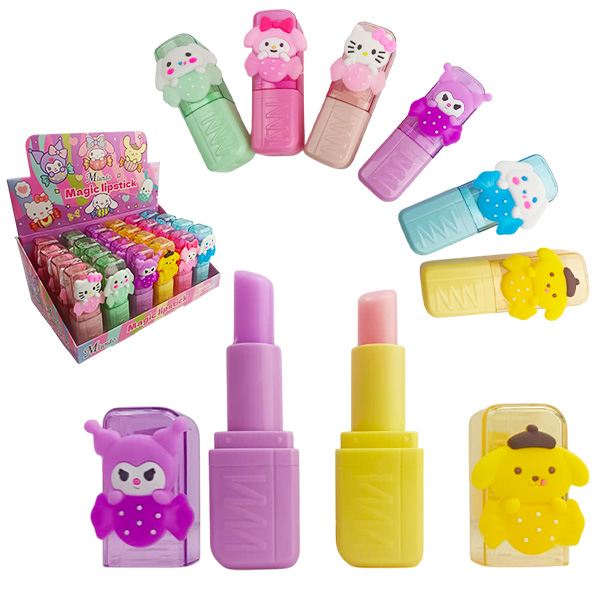 Labial mágico en tonos pastel con presentación de figuras de Sanrio de M´lundo