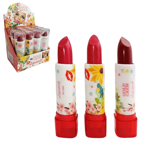 Labial Lipstic tonos rojos con presentación de flores de Gold Grem